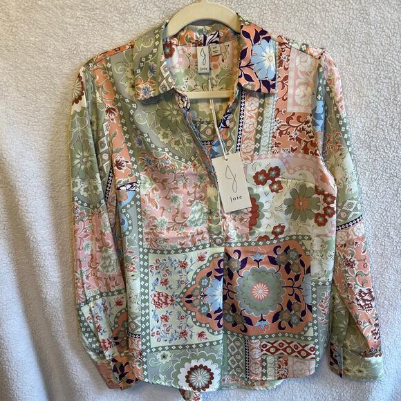 NEW Joie polyester cotton spandex blend floral print with tags quarter button up - Picture 2 of 6